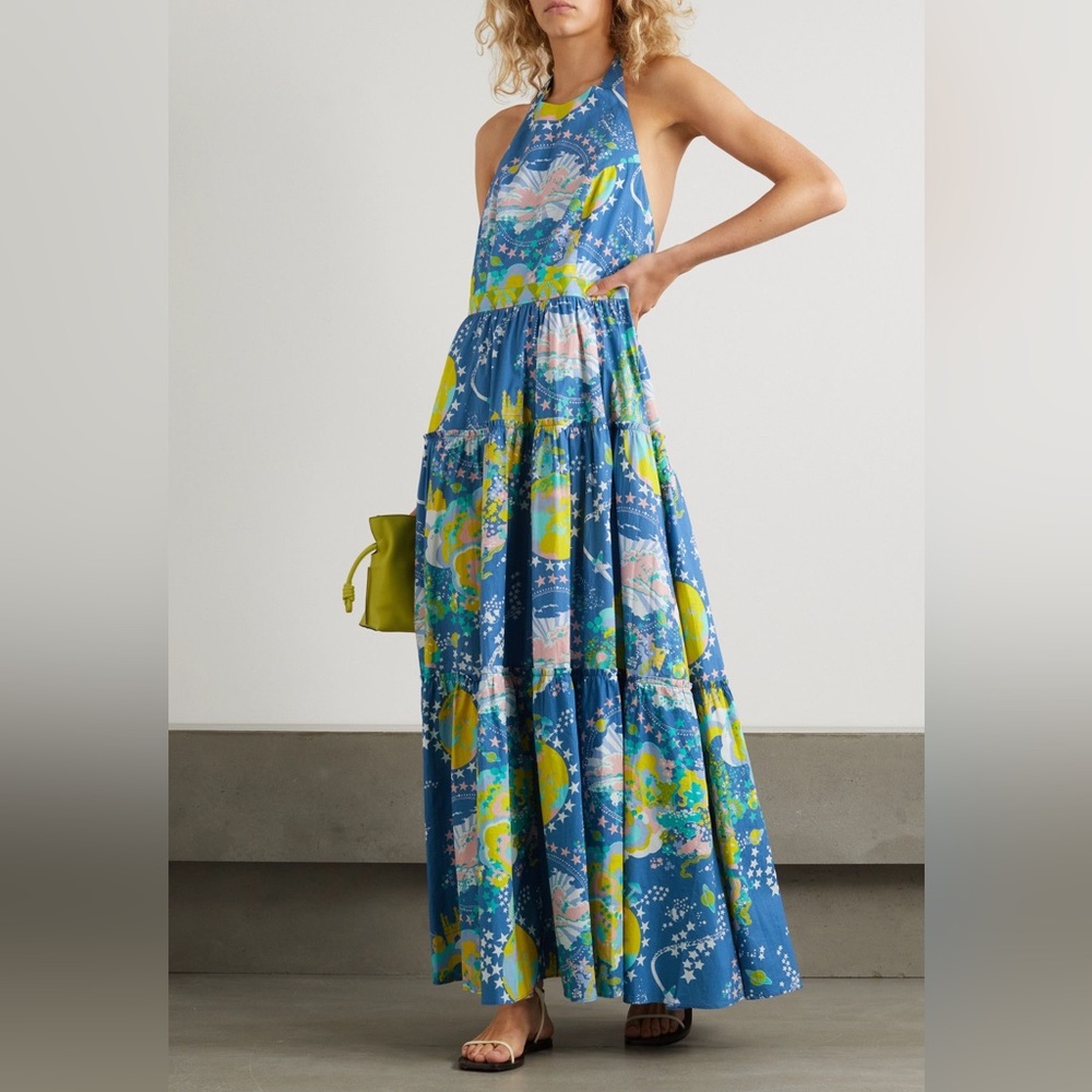 NEW Emporio Sirenuse Isotta Blue Caliph’s Dream Tiered Halter Maxi Dress Size S